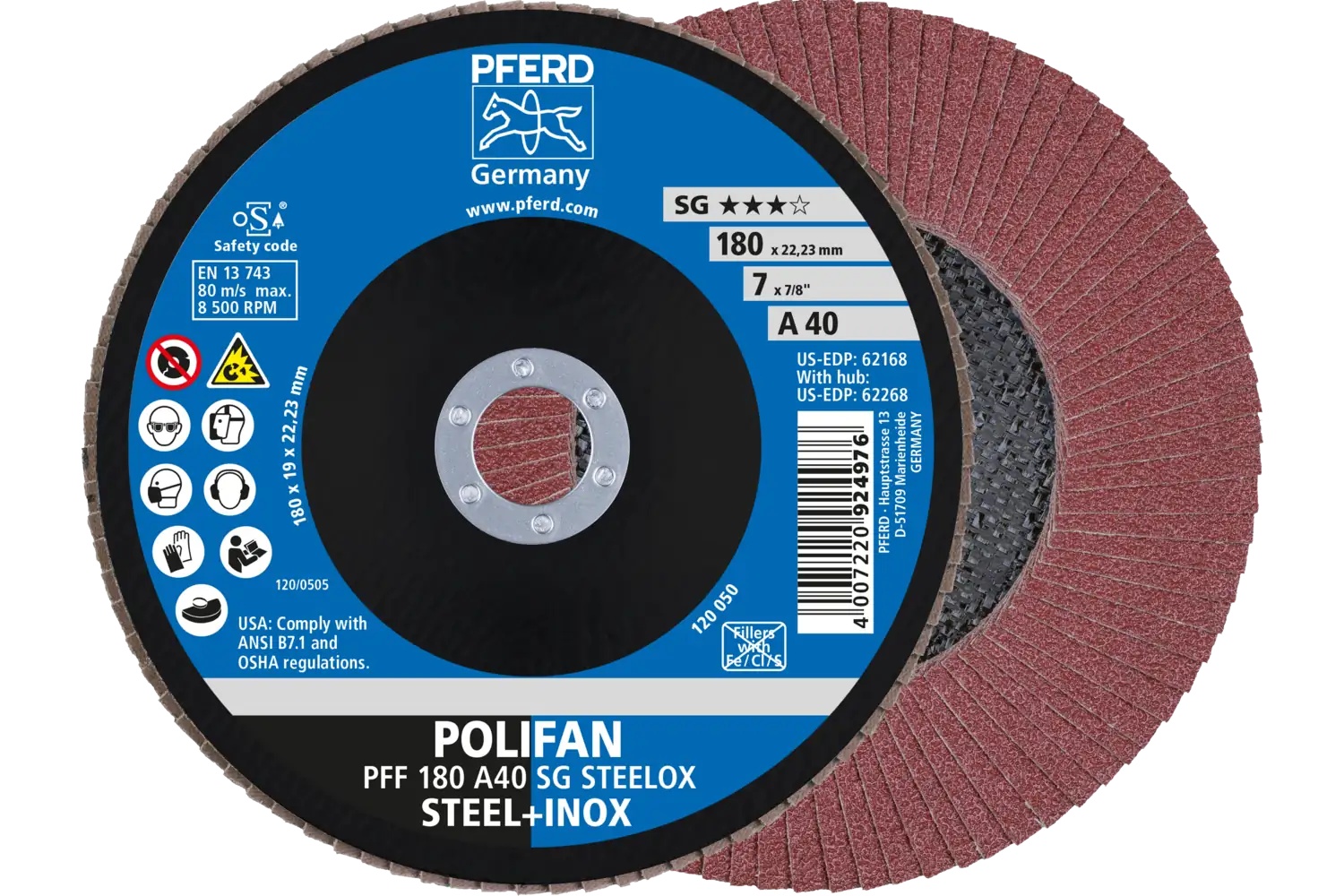 Picture of Pferd Flap Disc, 7" x 7/8, A SG Steelox, 40 Grit, T27, Flat, Aluminum oxide
